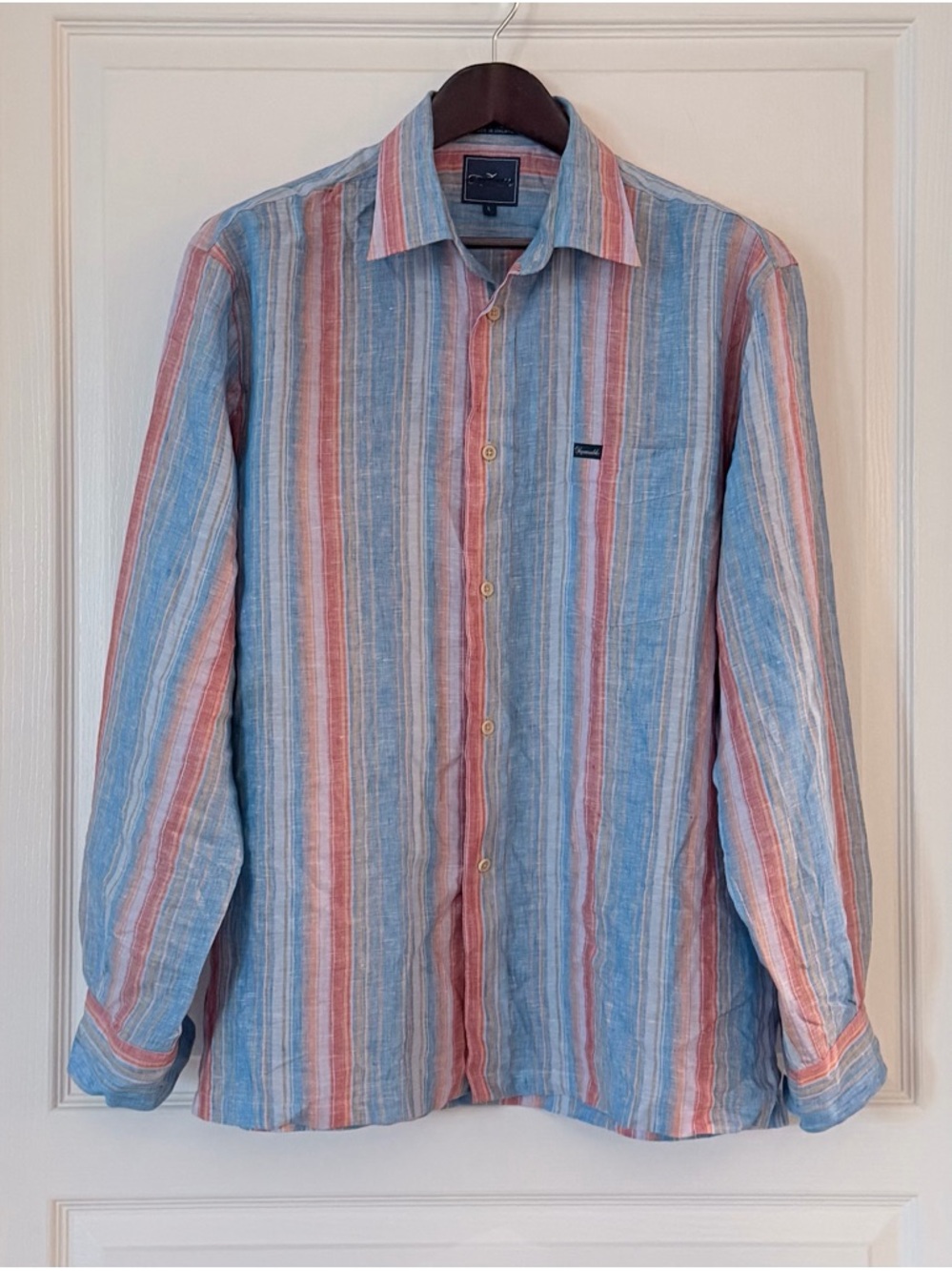Faconnable Men's Linen Striped Button-Down Shirt - Blue & Coral